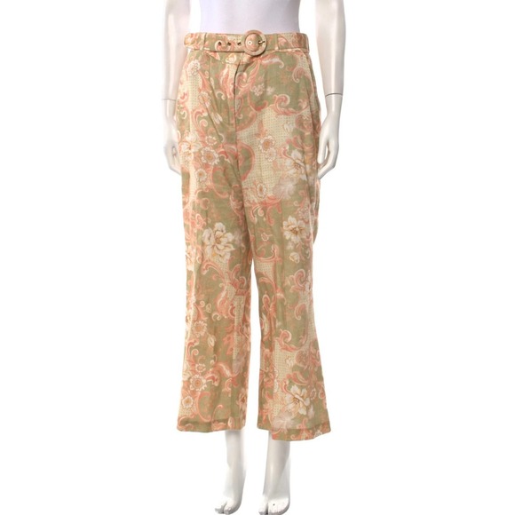 Zimmermann Size 2 Tropical Pants Wide Leg Cropped Belted Linen Blend Floral - Picture 5 of 10